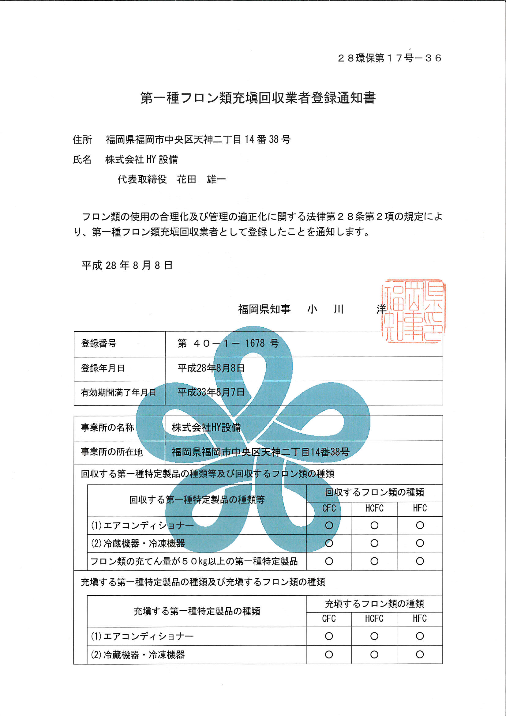 第一種フロン類充填回収業者登録通知書